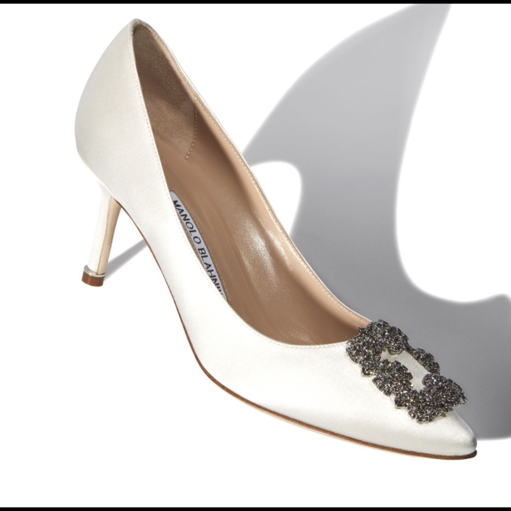 Manolo Blahnim off-white satin jewel buckle pumps